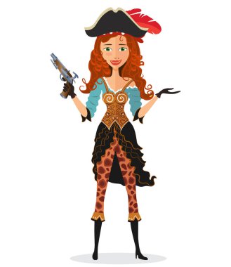 Korsan Bayan bir şey sunmak. Vektör. Çizgi film korsan kız toz tabancası ile. Sevimli küçük korsan kız beyaz bir arka plan üzerinde izole.