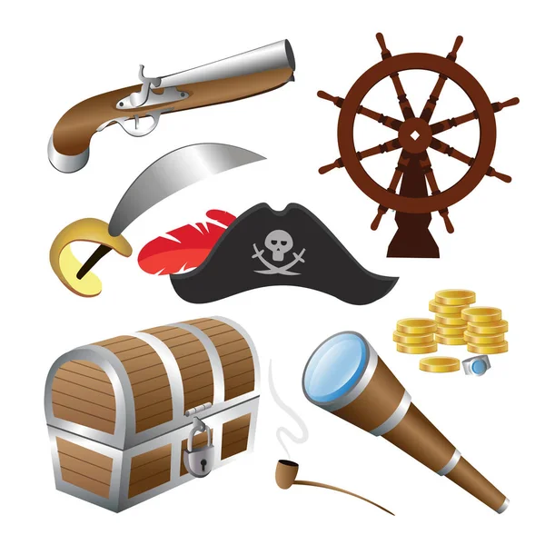 Ilustración Vectorial Del Conjunto Iconos Piratas Aislados Sobre Fondo Blanco — Vector de stock