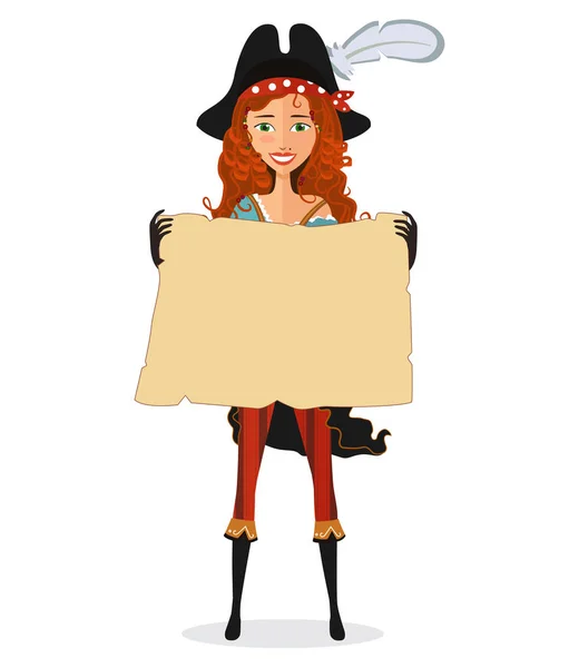 Pirate Girl Map Pirate Woman Scroll Isolated White Background Vector — Stock Vector