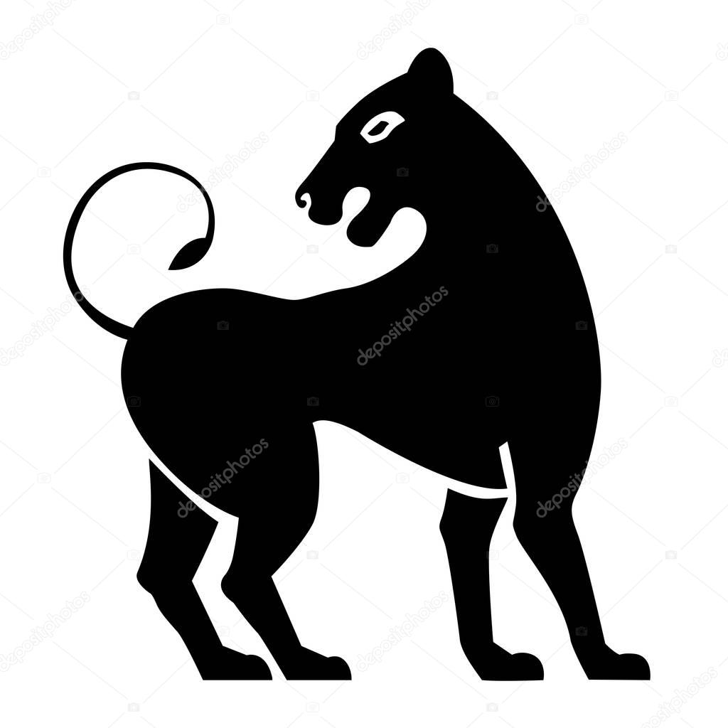 Stylized black lioness. Lion silhouette. Vector isolated on a wh