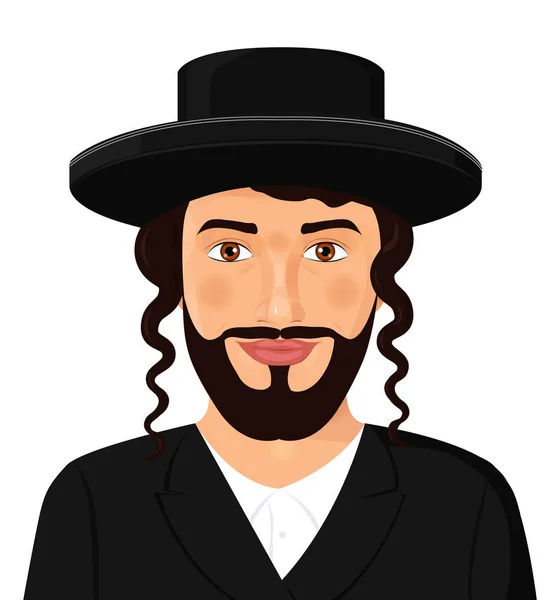 Orthodox jewish man portrait with hat in a black suit. Jerusalem. Israel. Avatar style vector Illustration isolated on white background. — Stock Vector