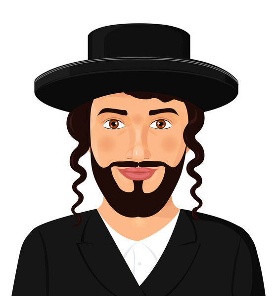Orthodox jewish man portrait with hat in a black suit. Jerusalem. Israel. Avatar style vector Illustration isolated on white background.