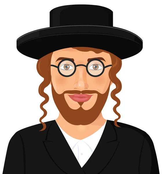 Homem judeu rosto retrato com chapéu e barba em um terno preto. Jerusalém. Israel. Ilustração vetorial isolada sobre fundo branco. Homem de etnia israelense com óculos — Vetor de Stock