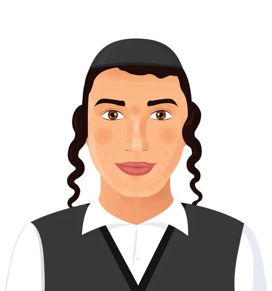 Judeu jovem rosto retrato com chapéu em um terno preto. Jerusalém. Israel. Ilustração vetorial isolada sobre fundo branco . — Vetor de Stock