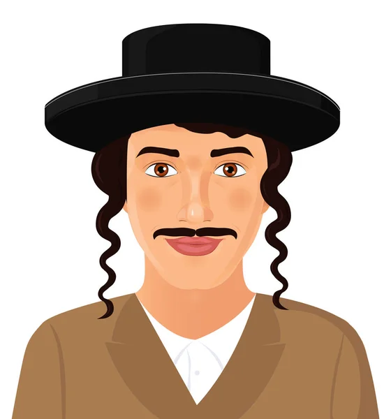 Retrato de rosto de homem judeu com chapéu e bigode em um terno preto . — Vetor de Stock