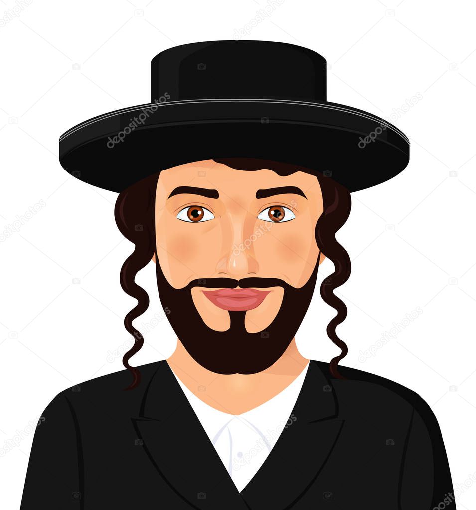 Orthodox jewish man portrait with hat in a black suit. Jerusalem. Israel. Avatar style vector Illustration isolated on white background.