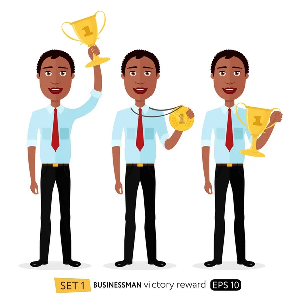 非洲商人优胜者成功激动微笑的男性提高奖杯奖, 奖牌和证书概念卡通在白色背景隔离 — 图库矢量图片