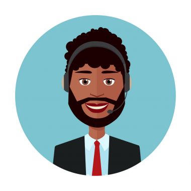 Afrika adam çağrı merkezi beyaz arka plan üzerinde izole operatör giyen kulaklık ve Beklemeler telefon düz modern tarzı.