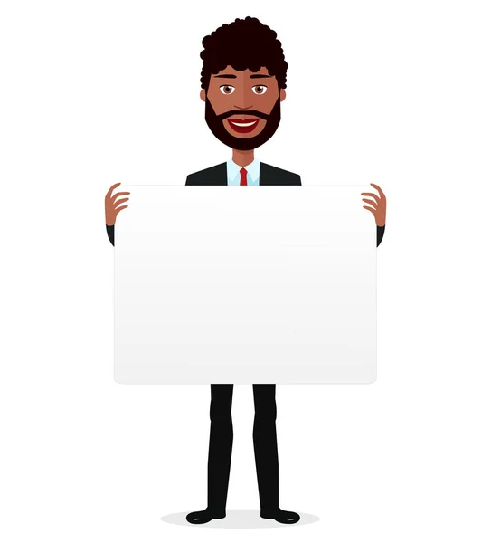 Africano desenho animado sorriso homem segurando banner isolado no vetor de fundo branco —  Vetores de Stock