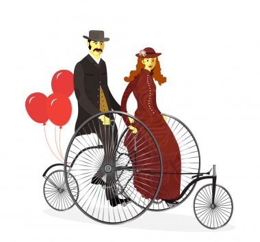 Bisikletçiler balonlar ile tandem bisikletle birkaç. Vektör çizim. -İllüstrasyon