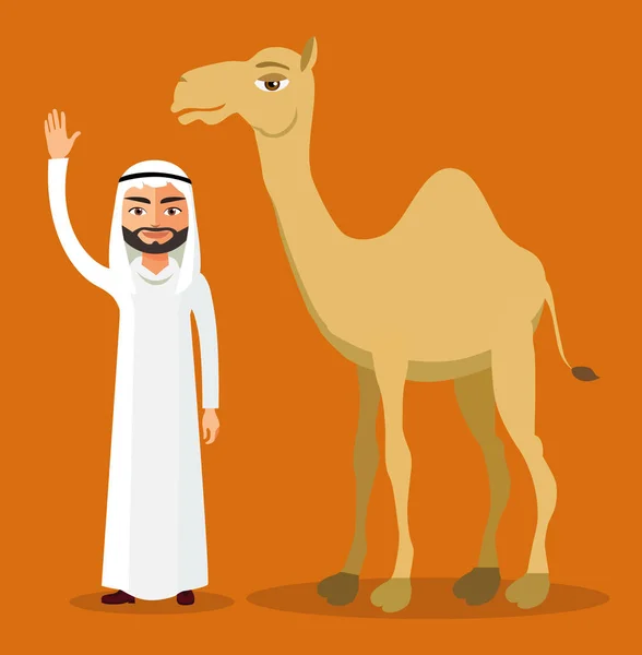 阿拉伯男子挥舞着她的手和滑稽的骆驼. — 图库矢量图片