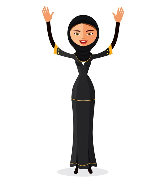 Μουσουλμανική γυναίκα κουνώντας το χέρι με παραδοσιακά ρούχα που απομονώνονται σε λευκό φόντο. — Διανυσματικό Αρχείο