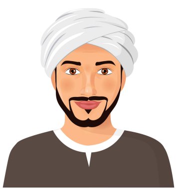 Arap yakışıklı avatar yüz bıyık ve sakal bir geleneksel Türban izole vektör çizim ile