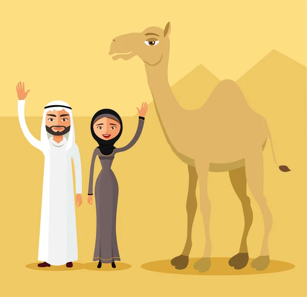 アラブ カップル、家族、イスラム教徒の人々 やラクダ、サウジアラビア漫画男と砂漠の砂丘で手を振っている女性. — ストックベクタ