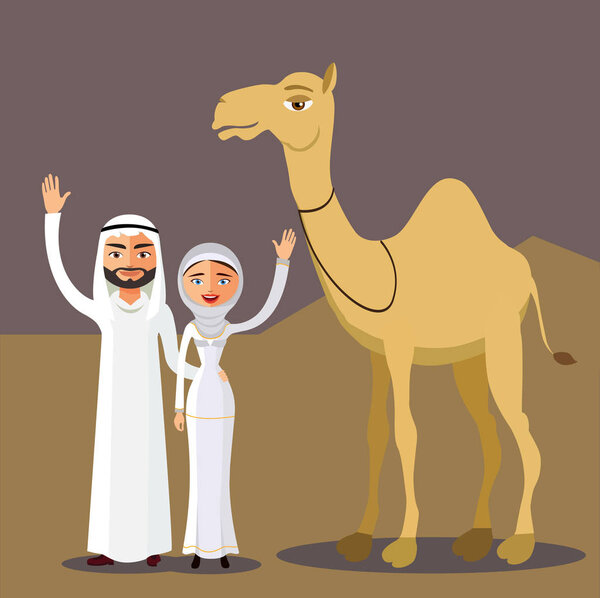 Arab couple, family, muslim people and camel, saudi cartoon man and woman waving her hand in desert dunes.