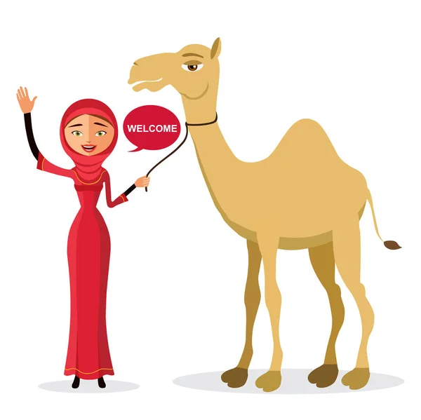 Mulher muçulmana acenando com a mão com camelo dos desenhos animados isolado no fundo branco .Vector Ilustração . —  Vetores de Stock