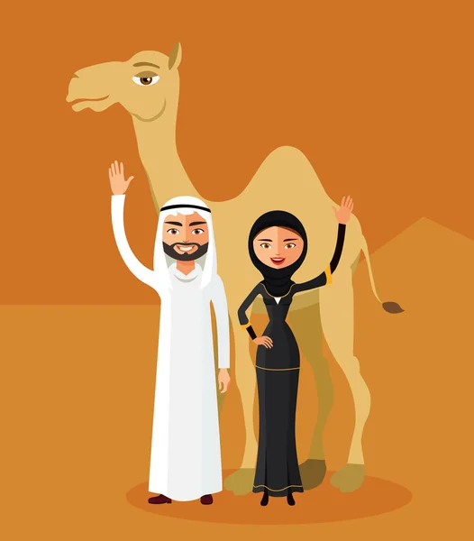Μουσουλμανική οικογένεια κινούμενα σχέδια σε στους αμμόλοφους της ερήμου. Επίπεδη εικονογράφηση διάνυσμα — Διανυσματικό Αρχείο