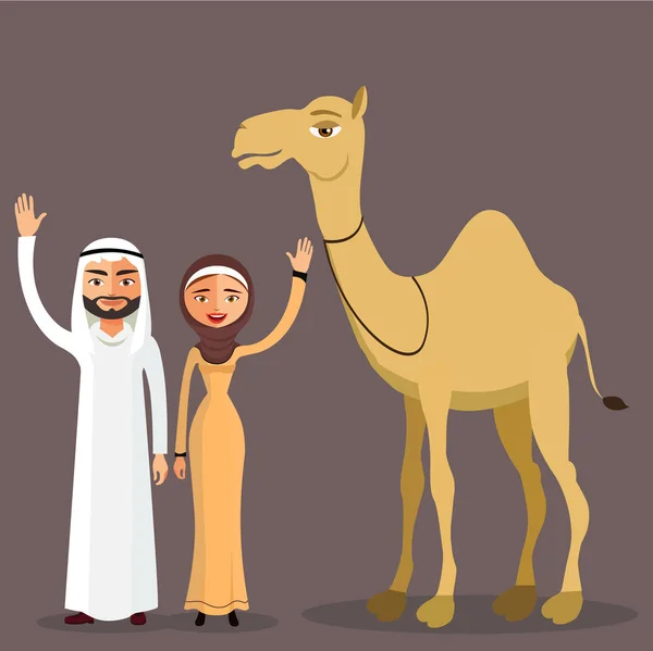 Vector - Arabia Saudita pareja tradicional de dibujos animados camello . — Vector de stock