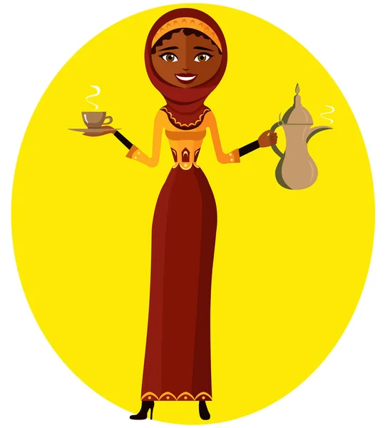 Mujer musulmana guapa sosteniendo una cafetera arábiga. Vector - Ilustración — Vector de stock