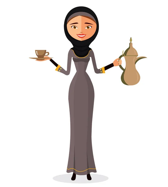 Illustration plate d'une jeune femme arabe tenant un isolat de cafetière arabe sur fond blanc . — Image vectorielle