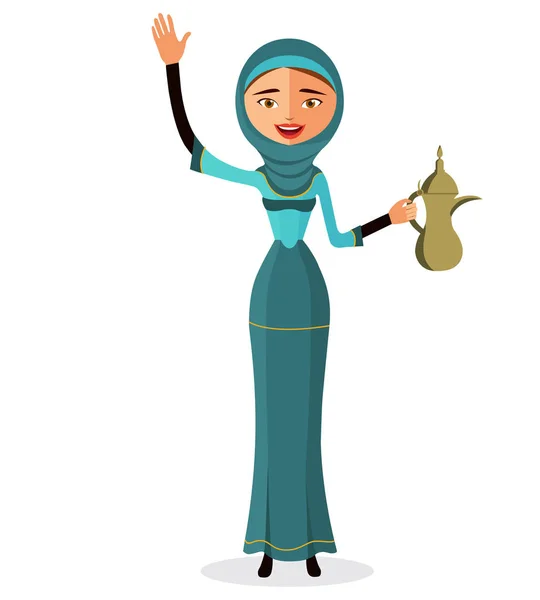 Ευτυχισμένος Αραβικά γυναίκα κρατώντας μια κατσαρόλα αραβικό καφέ και κουνώντας το χέρι εικόνας απομονωθεί σε λευκό φόντο. — Διανυσματικό Αρχείο