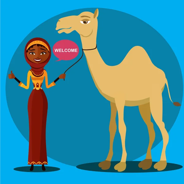 Mulher beduína a andar, a liderar um camelo. Vectora. - Ilustração —  Vetores de Stock