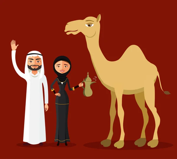 Arabská rodina. Saúdský kreslený muž a žena drží za ruce. Vektorové ilustrace — Stockový vektor