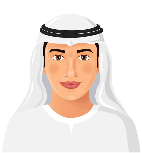 Schöne junge saudi arabische Mann in traditionellen muslimischen Hut isoliert Gesicht Avatar Portrait Vektor Illustration — Stockvektor