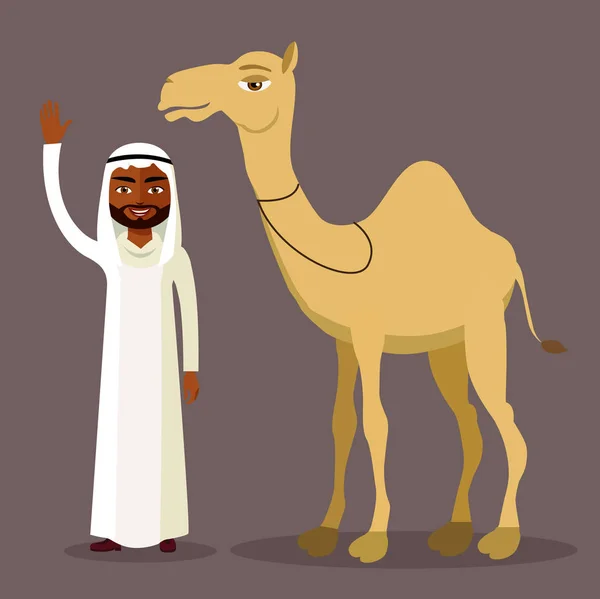 Muslimischer Mann schwenkt ihre Hand und Karikatur-Kamel. — Stockvektor