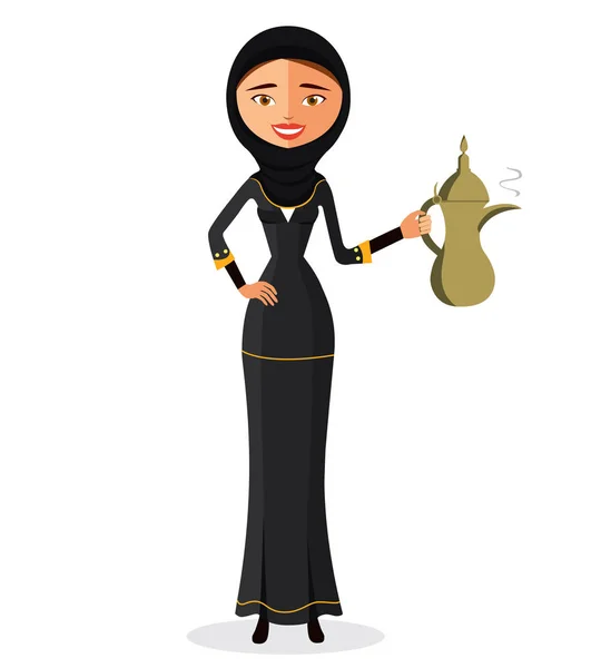 Ilustración plana de una joven árabe sosteniendo una cafetera árabe aislada sobre fondo blanco . — Vector de stock