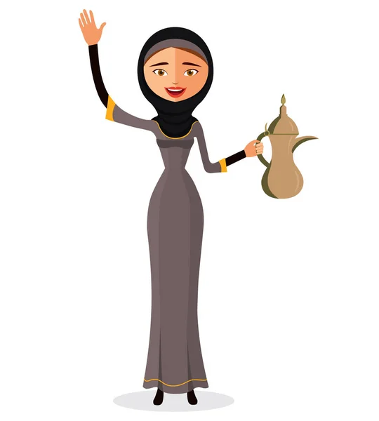 Wanita arab yang senang memegang teko kopi arab dan melambaikan gambar tangannya terisolasi pada latar belakang putih . - Stok Vektor