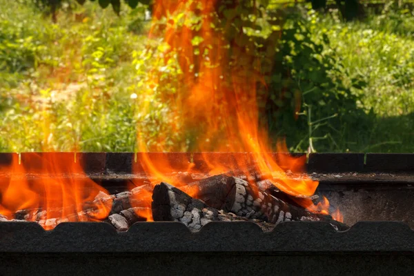 Daha sonraki et ve barbekü hazırlıkları için odun parçaları ızgarada yanıyor. Açık havada.