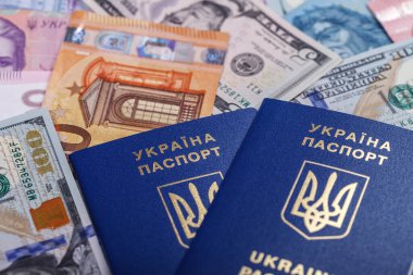 İki Ukrayna biyometrik pasaportu, dünyanın farklı ülkelerinden gelen para birimlerinin arka planına, avro, dolar, hryvnias, forints 'e karşı yalan söylüyor. Yurtdışında turizm ve eğlence kavramı. Üst taraf görünümü.