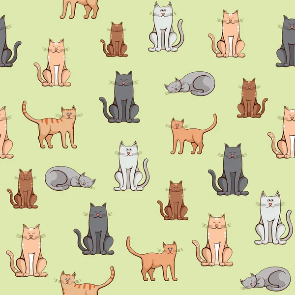 Seamless pattern colorful cats on green background — Stock Vector