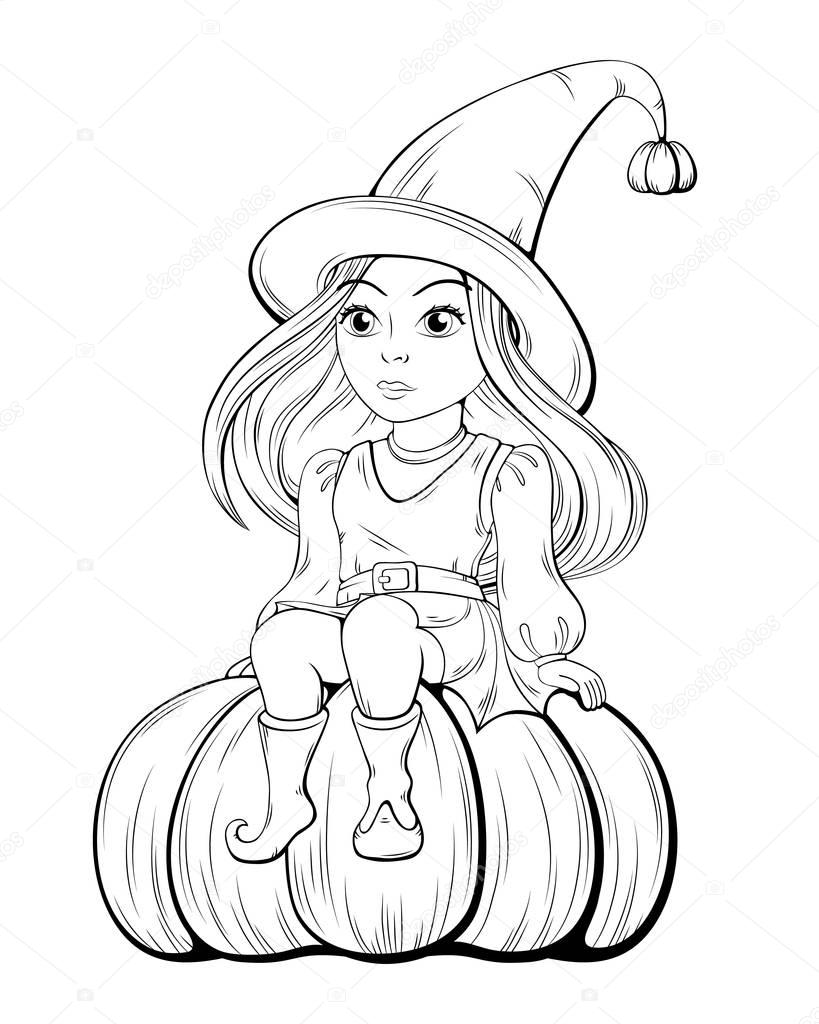 Illustrazione in bianco e nero Ragazza in costume della strega Illustrazione in bianco e nero Ragazza in costume della strega Muta da colorare su priorit bassa bianca — Vettoriali di homari