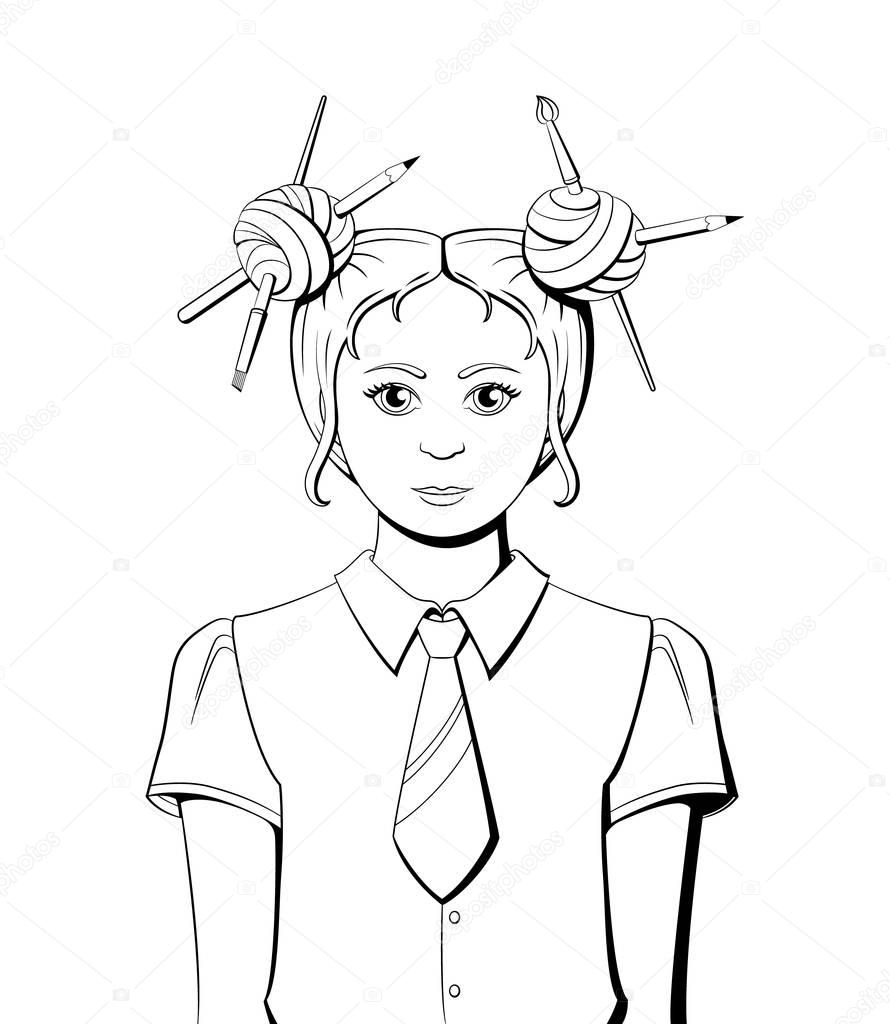 Ragazza in bianco e nero Illustrazione da colorare Schoolgirl — Vettoriale Stock