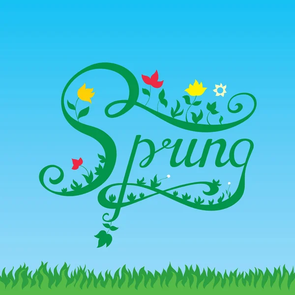 Kalligrafischer Schriftzug Hand Frühling mit Blumen, befindet sich auf dem Hintergrund von Himmel und Gras. — Stockvektor