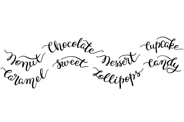 Állítsa be a betűk a szavak kézzel. Fánk, csokoládé, desszert, cupcake, karamell, édességek, nyalókák, candy. — Stock Vector