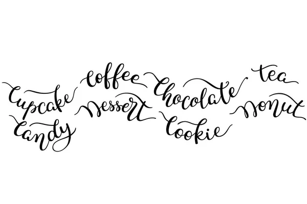 Mets des lettres à la main. Cupcake, café, chocolat, thé, bonbons, dessert, biscuit, beignet . — Image vectorielle