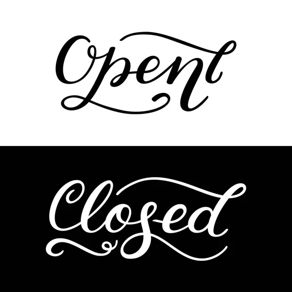 Open, closed. Handwritten word on colored background with floral frame. — Stock Vector