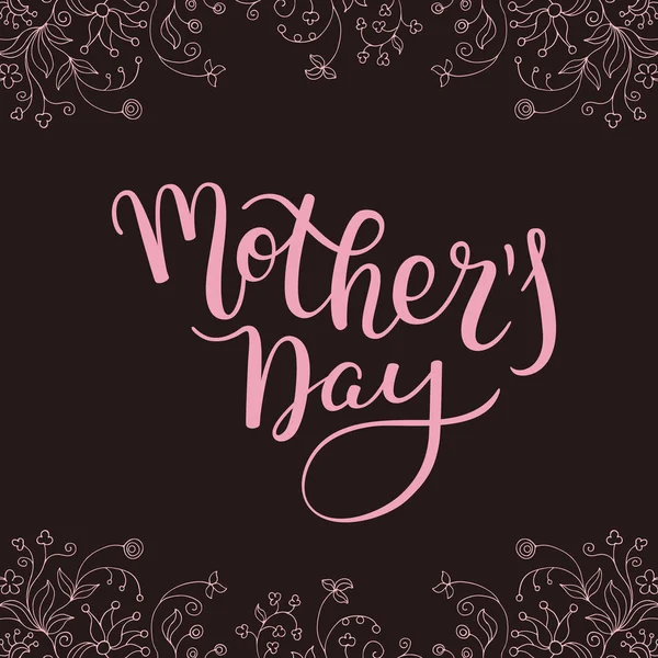 Χέρι γράμματα την ημέρα της μητέρας με άνθη σε σκούρο φόντο. Πρότυπο ευχετήριας κάρτας, αφίσα. — Διανυσματικό Αρχείο