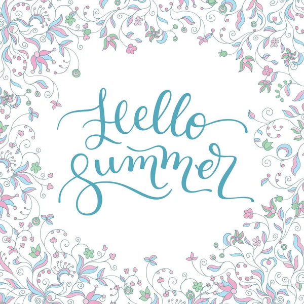 Çerçeve çiçek ve el Merhaba yaz yazı.