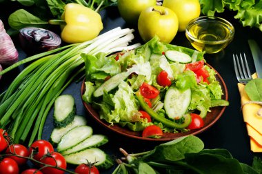Parlak sulu düşük kalorili diyet vegan salata domates, salatalık ve marul karanlık bir yüzey üzerinde. Yeşil çevre sebze ve Yeşiller, ıspanak, elma, biber, soğan. Vejetaryen, vegan kavramı
