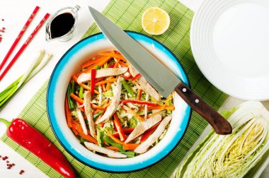 Bright juicy dietary coleslaw, red peppers, carrots, green onions, and roast chicken on a white plate with blue border. Eastern, Chinese cuisine. Easy homemade salad diet clipart