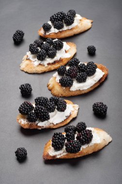 Krem peynir ve böğürtlen karanlık bir yüzeyi ile tost. Mevsim yaz sandviç. Makro çekim