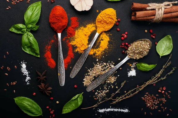 Spoons with spices and seasonings (turmeric, oregano, paprika) on dark ground. Next to other herbs and condiments — Stock Photo, Image