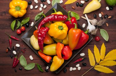 Bir kare plaka üzerinde farklı çeşitlerinin sarı ve kırmızı biber. Çiğ sebze. Hasat gıda