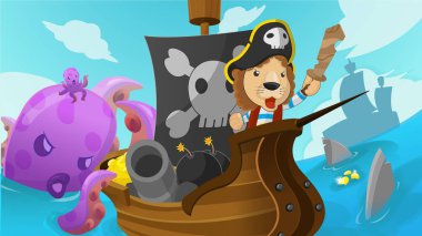 Lion Pirate Adventure Fantasy Cartoon Vector clipart