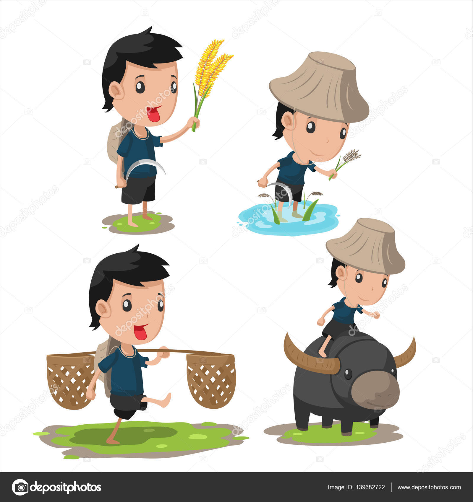 Asian farmer cartoon | Asian Farmer Cartoon Character Set Vector