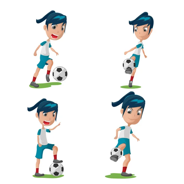 Juego de postura de personaje de jugador de fútbol femenino Vector — Archivo Imágenes Vectoriales